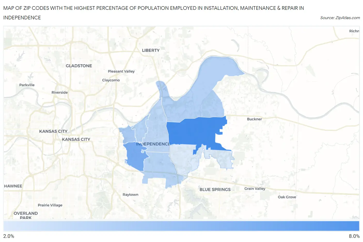 Zip Codes with the Highest Percentage of Population Employed in Installation, Maintenance & Repair in Independence Map