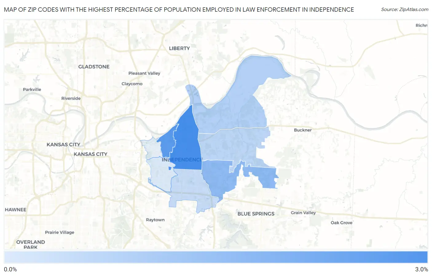 Zip Codes with the Highest Percentage of Population Employed in Law Enforcement in Independence Map