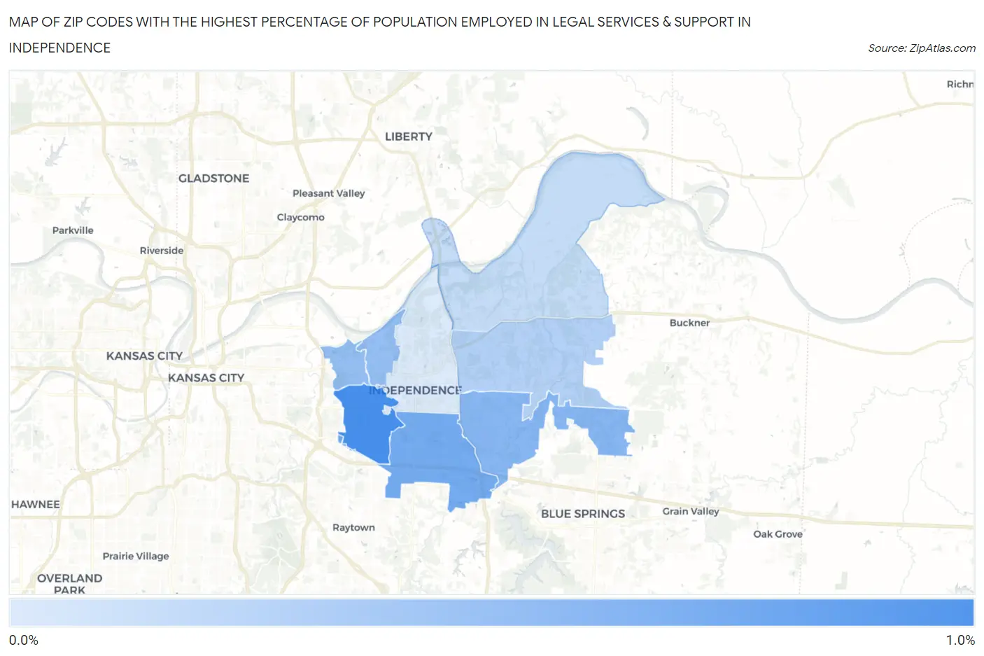 Zip Codes with the Highest Percentage of Population Employed in Legal Services & Support in Independence Map