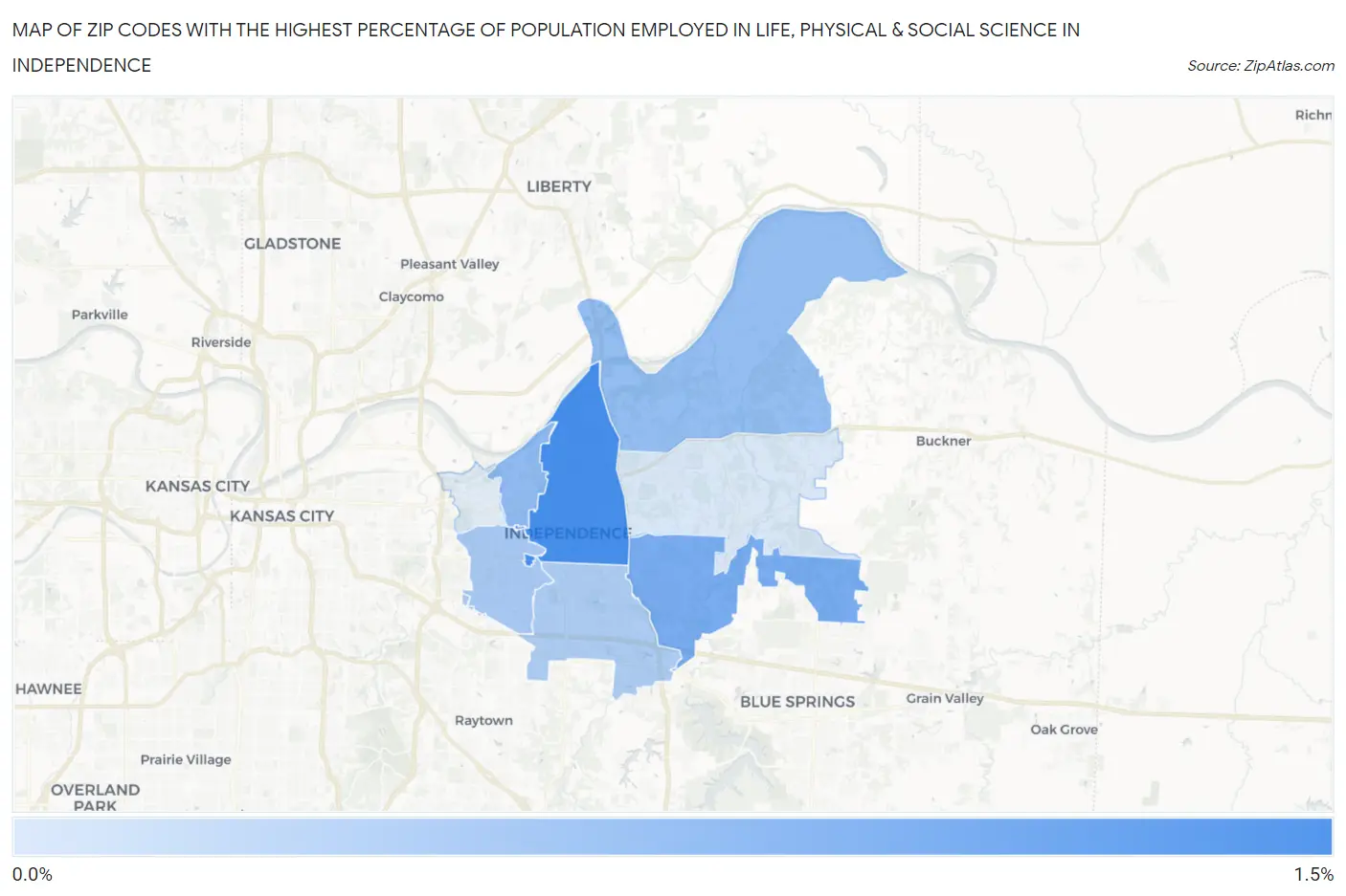 Zip Codes with the Highest Percentage of Population Employed in Life, Physical & Social Science in Independence Map