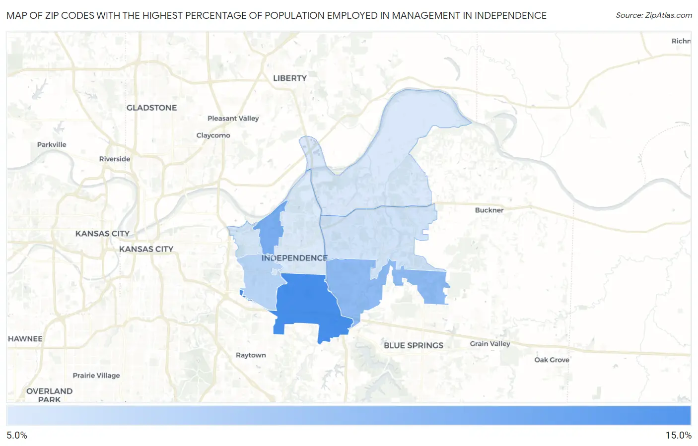 Zip Codes with the Highest Percentage of Population Employed in Management in Independence Map