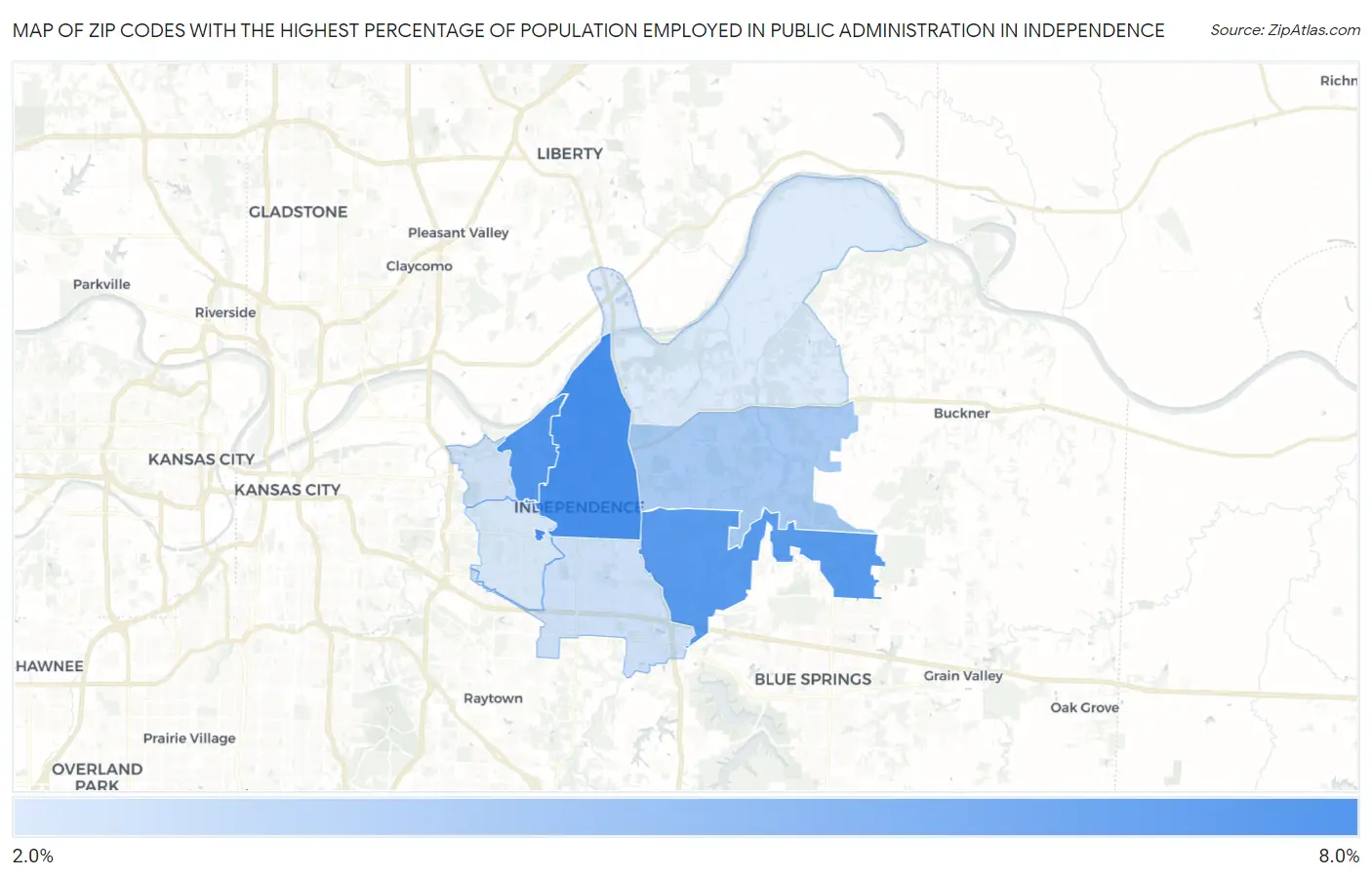 Zip Codes with the Highest Percentage of Population Employed in Public Administration in Independence Map