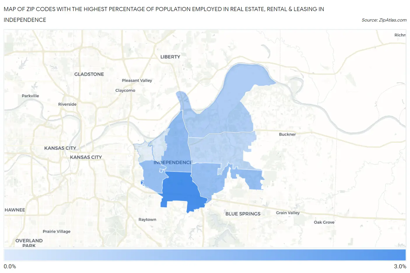 Zip Codes with the Highest Percentage of Population Employed in Real Estate, Rental & Leasing in Independence Map