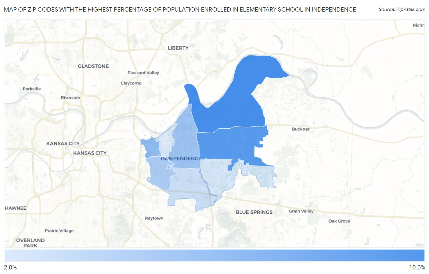 Zip Codes with the Highest Percentage of Population Enrolled in Elementary School in Independence Map