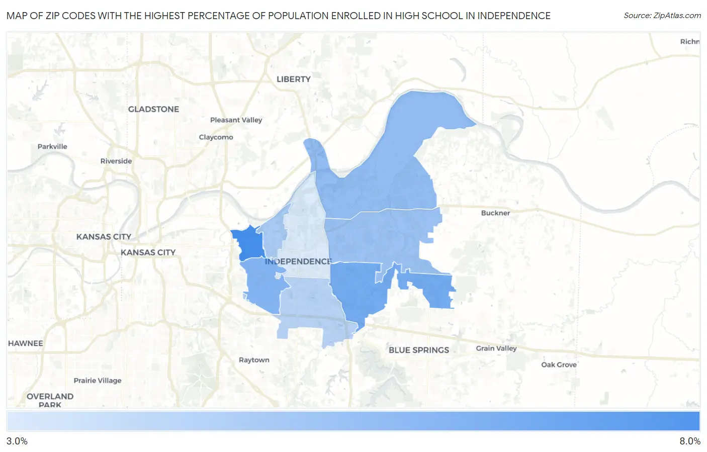 Zip Codes with the Highest Percentage of Population Enrolled in High School in Independence Map