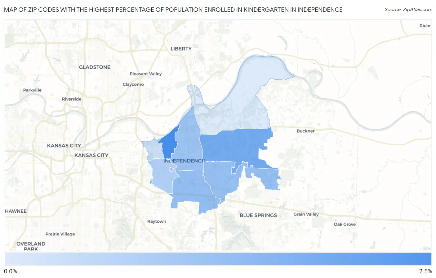 Zip Codes with the Highest Percentage of Population Enrolled in Kindergarten in Independence Map