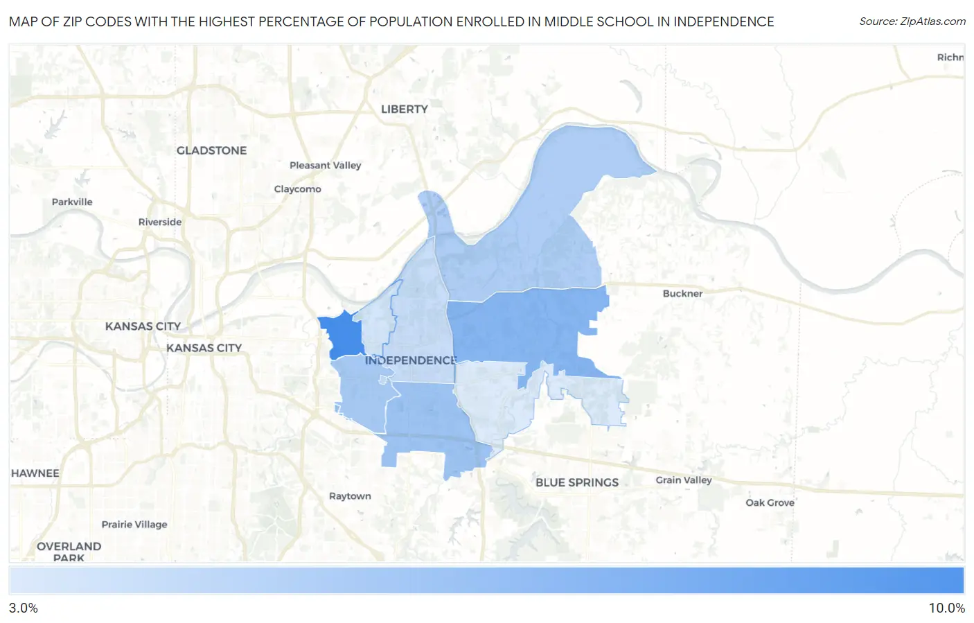 Zip Codes with the Highest Percentage of Population Enrolled in Middle School in Independence Map