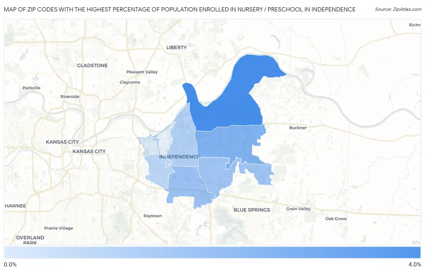 Zip Codes with the Highest Percentage of Population Enrolled in Nursery / Preschool in Independence Map