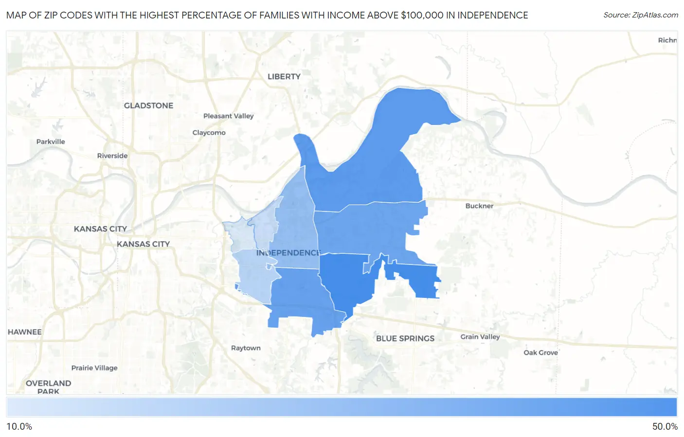 Zip Codes with the Highest Percentage of Families with Income Above $100,000 in Independence Map