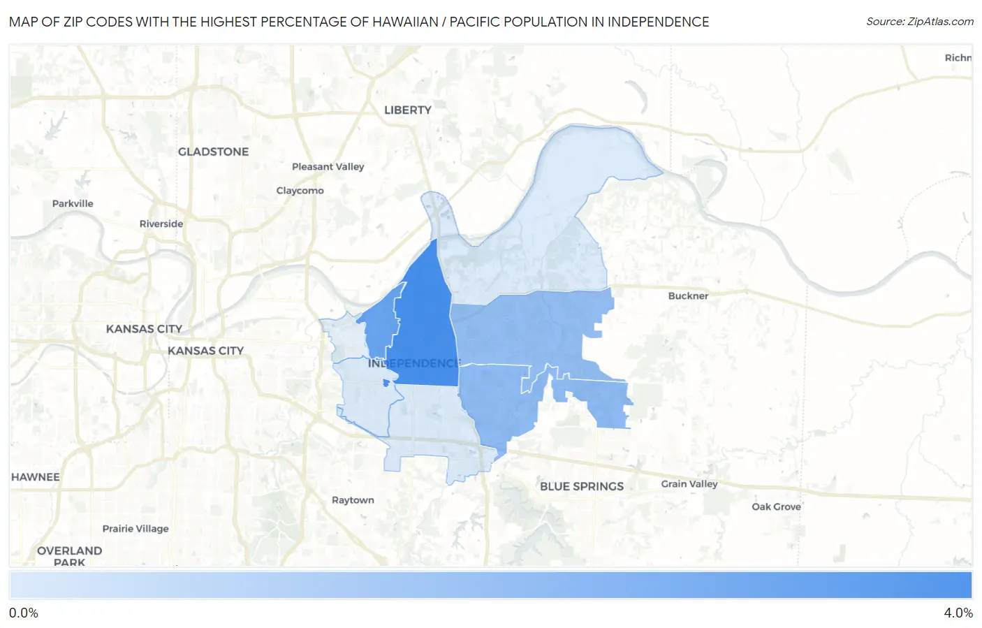 Zip Codes with the Highest Percentage of Hawaiian / Pacific Population in Independence Map