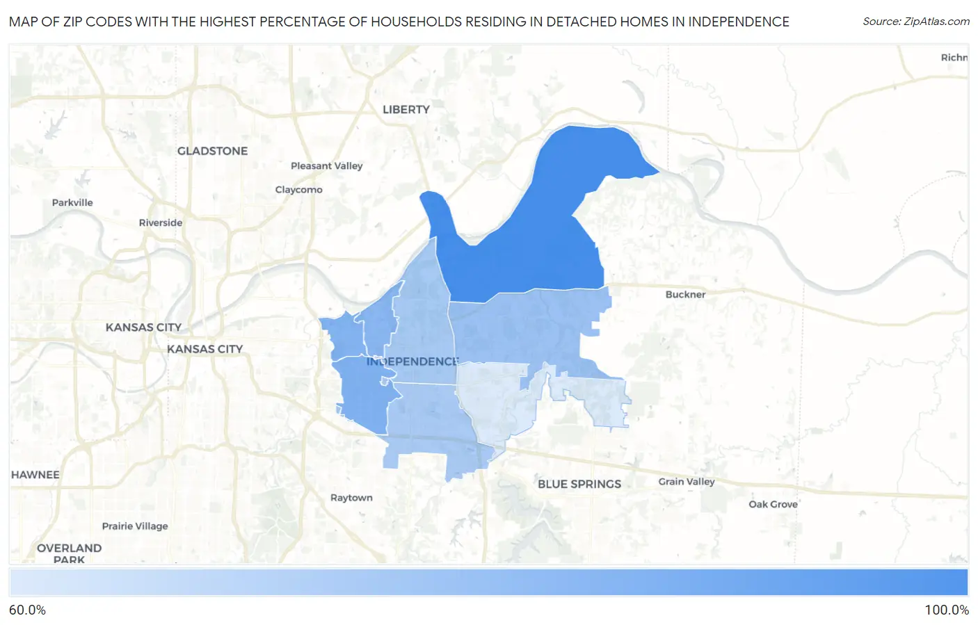 Zip Codes with the Highest Percentage of Households Residing in Detached Homes in Independence Map
