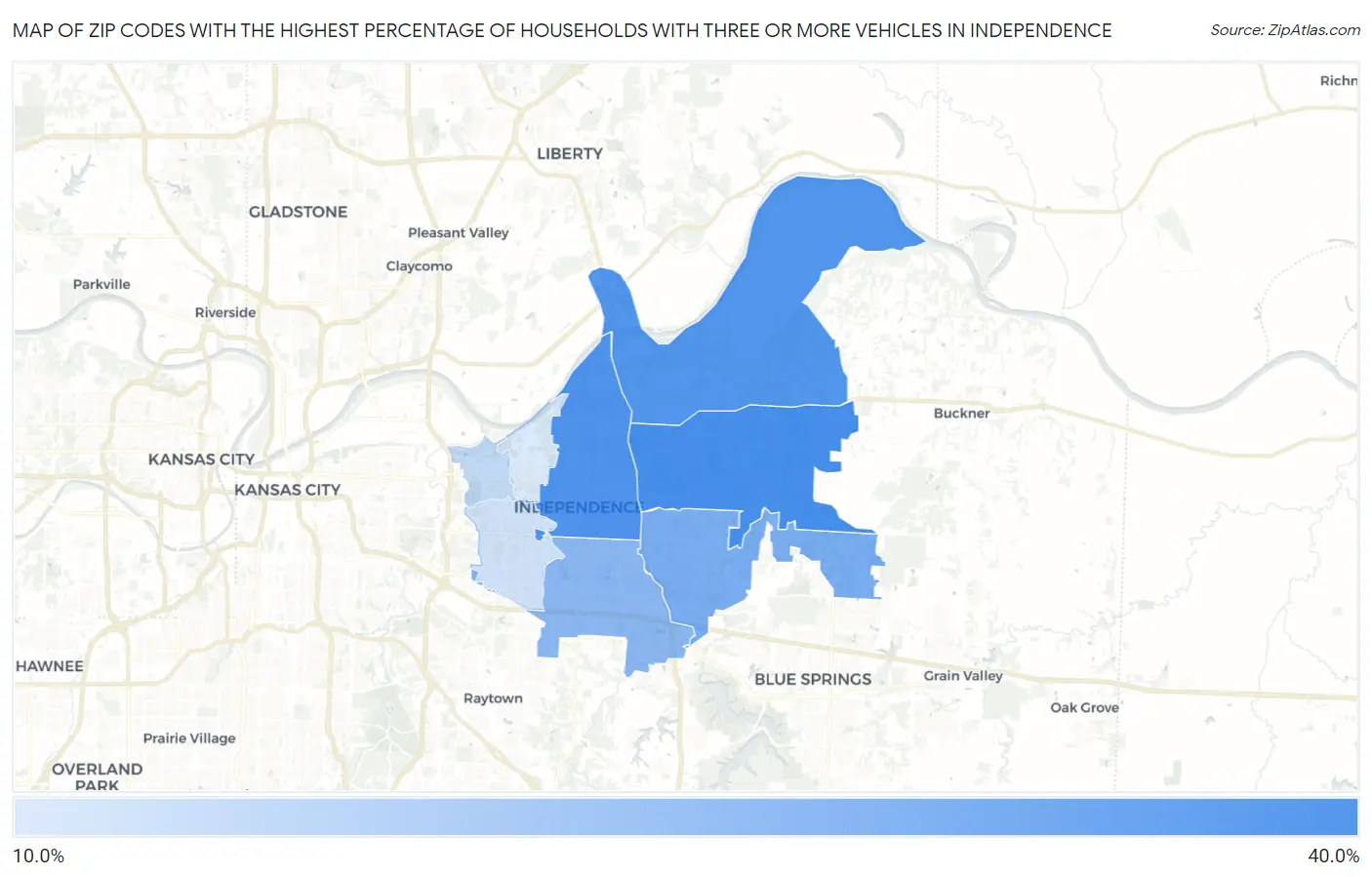 Zip Codes with the Highest Percentage of Households With Three or more Vehicles in Independence Map