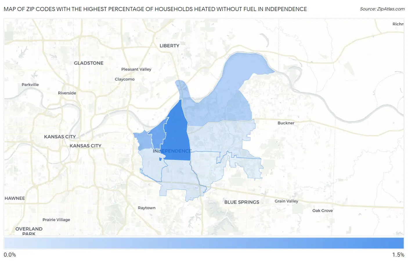 Zip Codes with the Highest Percentage of Households Heated without Fuel in Independence Map
