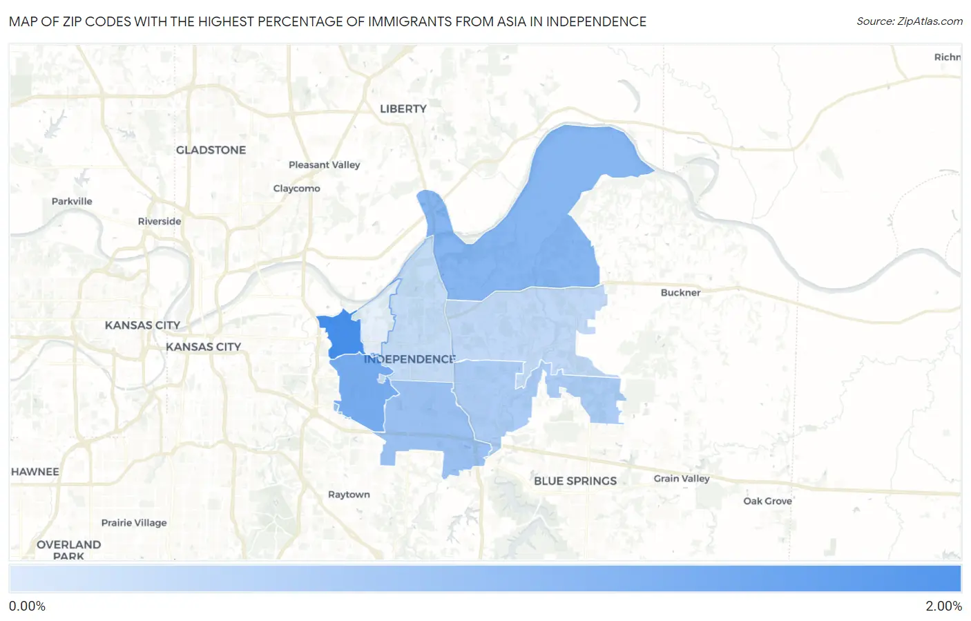 Zip Codes with the Highest Percentage of Immigrants from Asia in Independence Map