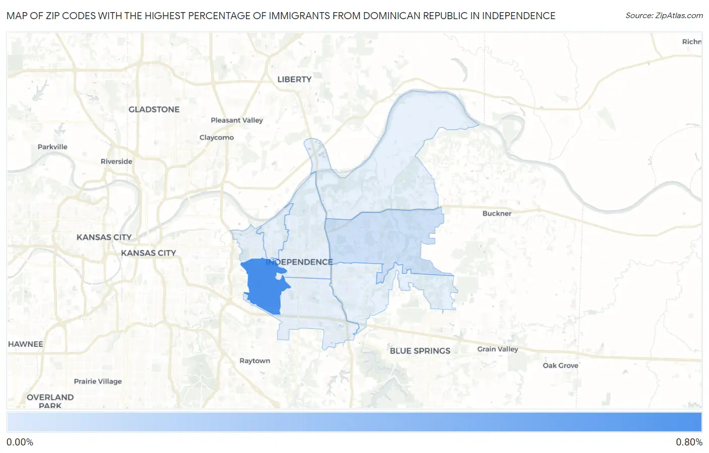Zip Codes with the Highest Percentage of Immigrants from Dominican Republic in Independence Map