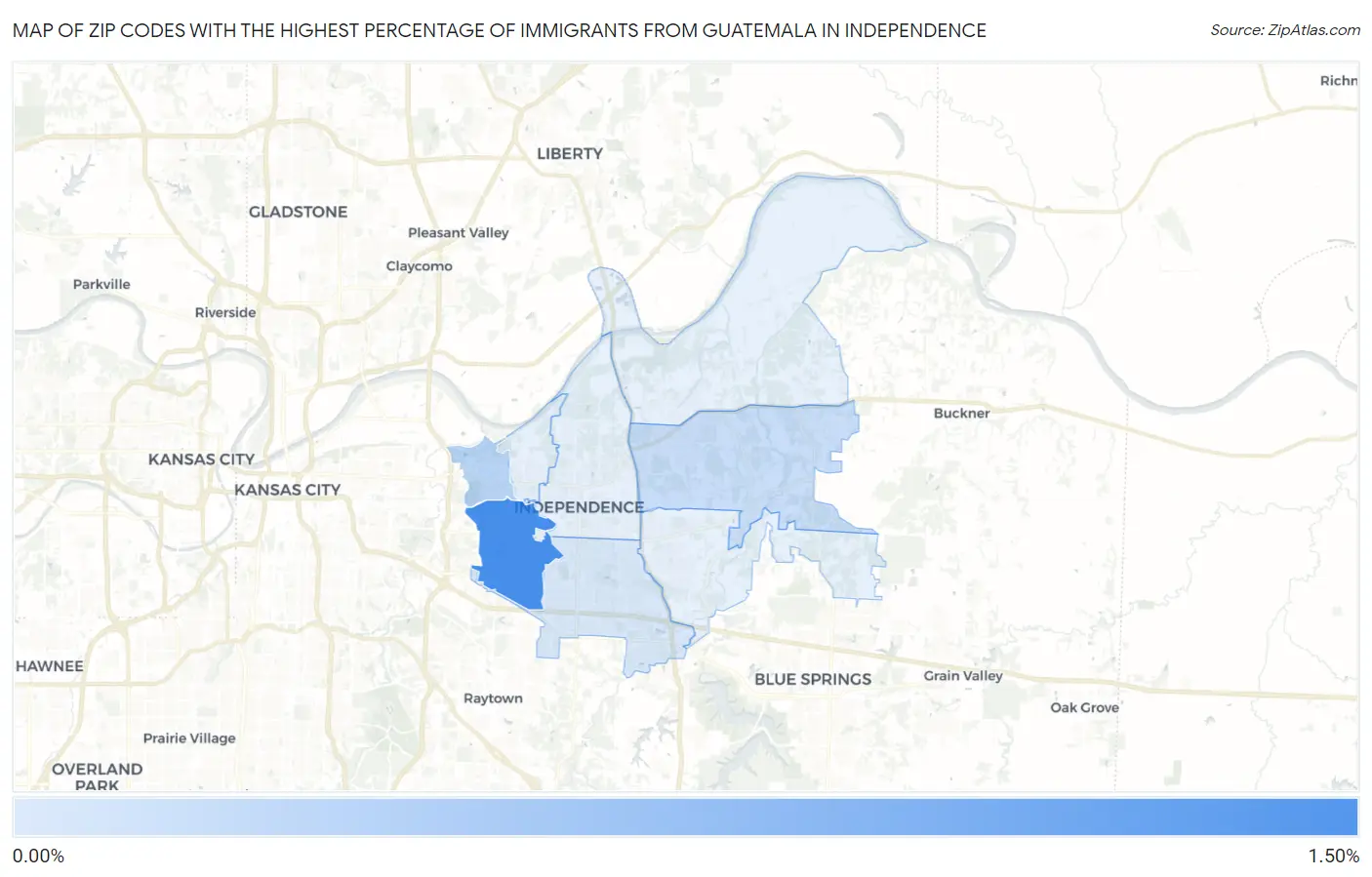 Zip Codes with the Highest Percentage of Immigrants from Guatemala in Independence Map