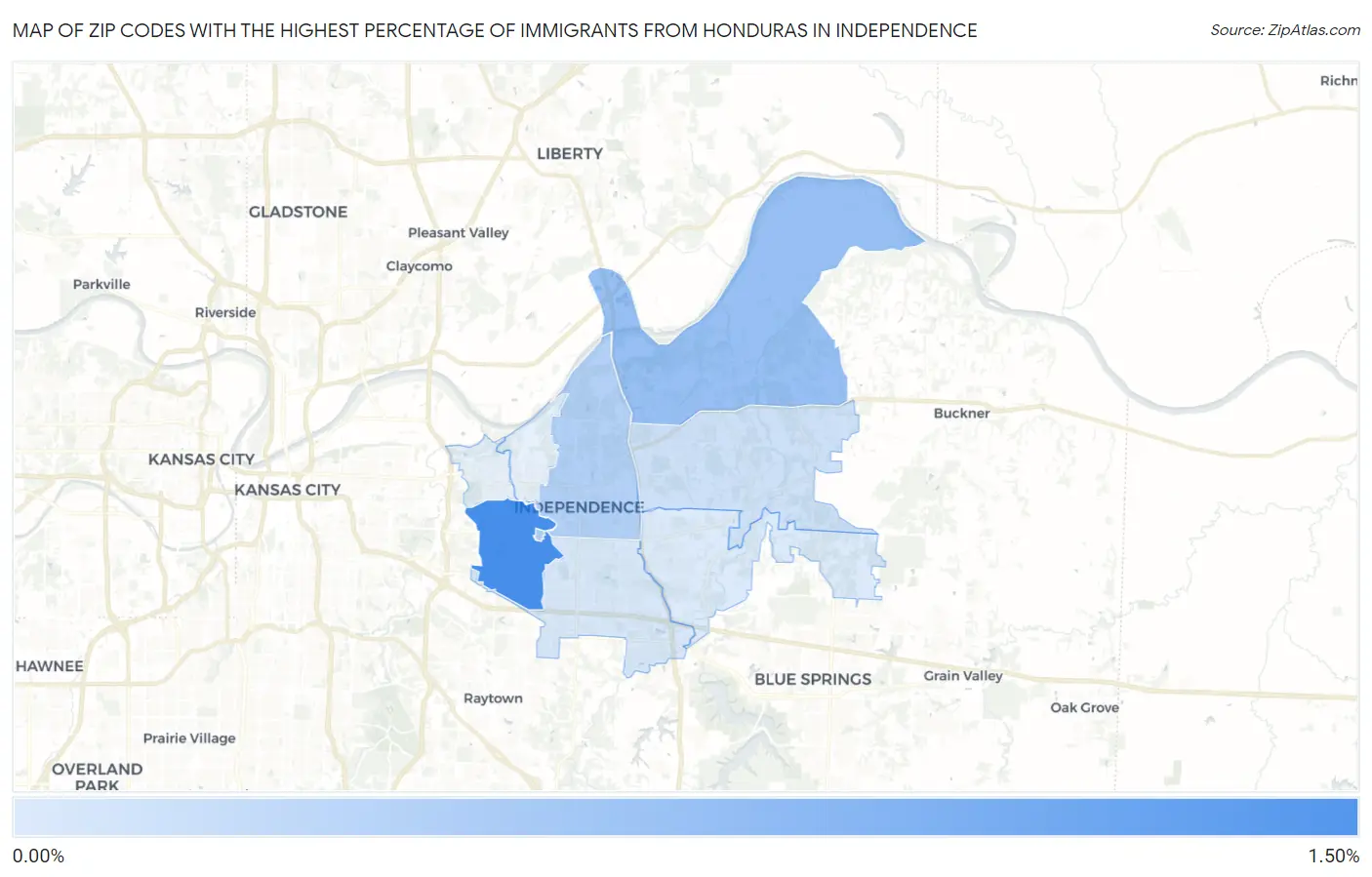 Zip Codes with the Highest Percentage of Immigrants from Honduras in Independence Map