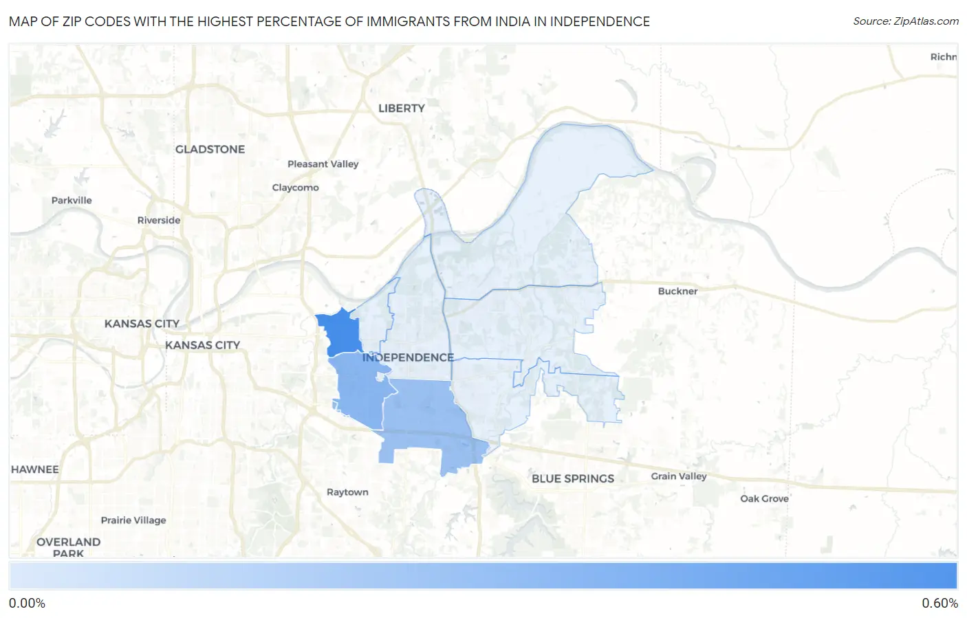 Zip Codes with the Highest Percentage of Immigrants from India in Independence Map