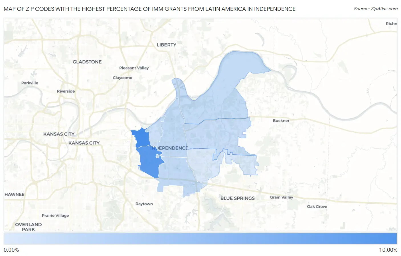 Zip Codes with the Highest Percentage of Immigrants from Latin America in Independence Map