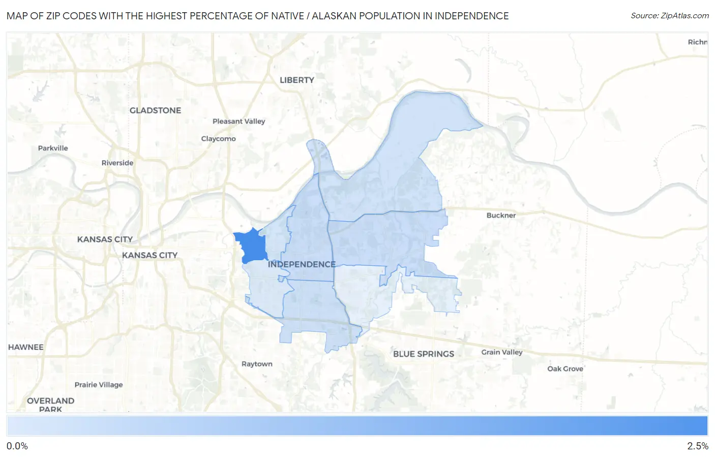 Zip Codes with the Highest Percentage of Native / Alaskan Population in Independence Map