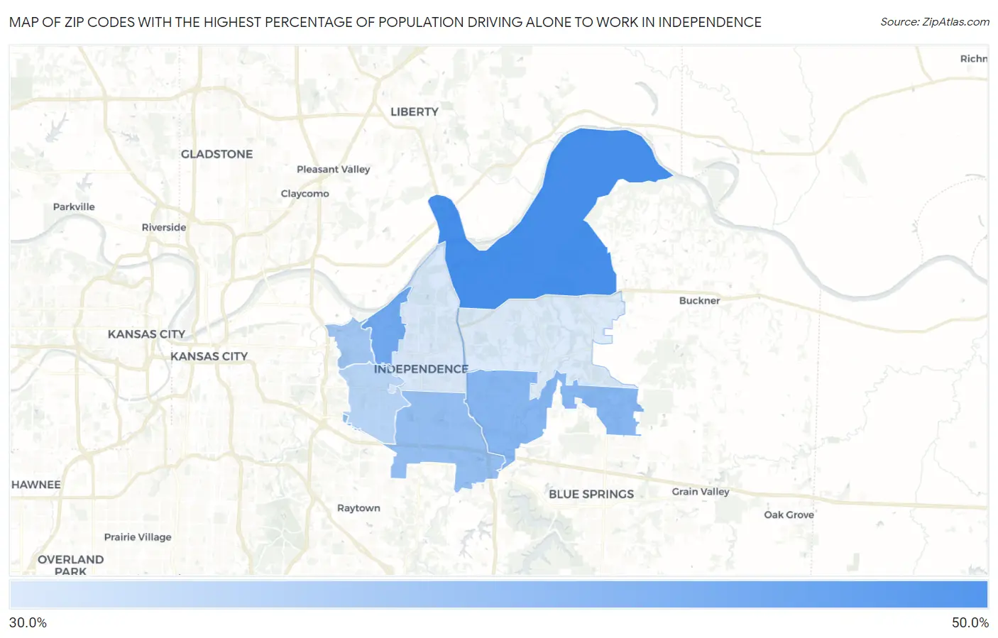 Zip Codes with the Highest Percentage of Population Driving Alone to Work in Independence Map