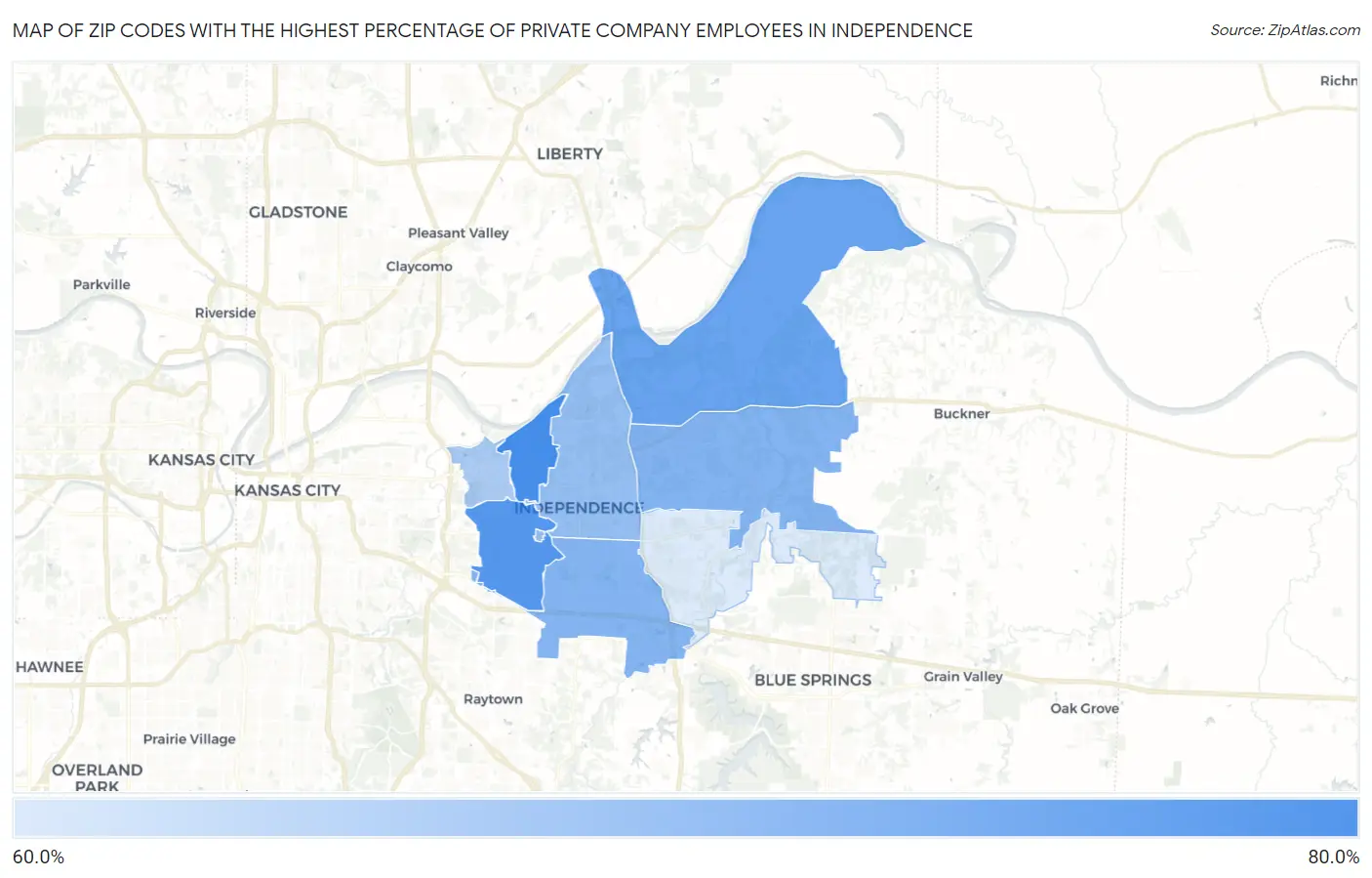 Zip Codes with the Highest Percentage of Private Company Employees in Independence Map