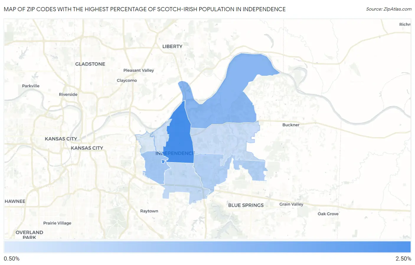 Zip Codes with the Highest Percentage of Scotch-Irish Population in Independence Map