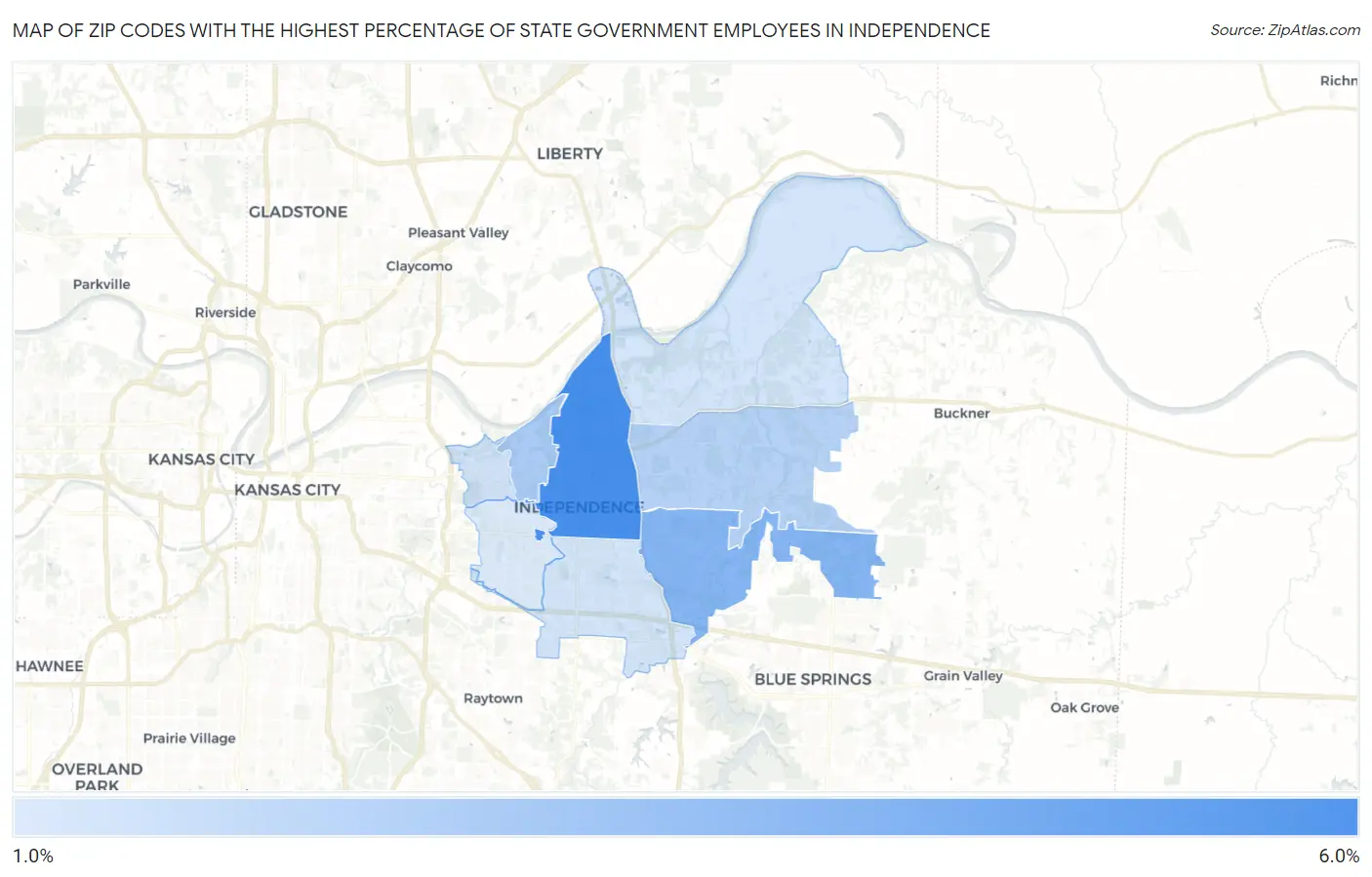 Zip Codes with the Highest Percentage of State Government Employees in Independence Map