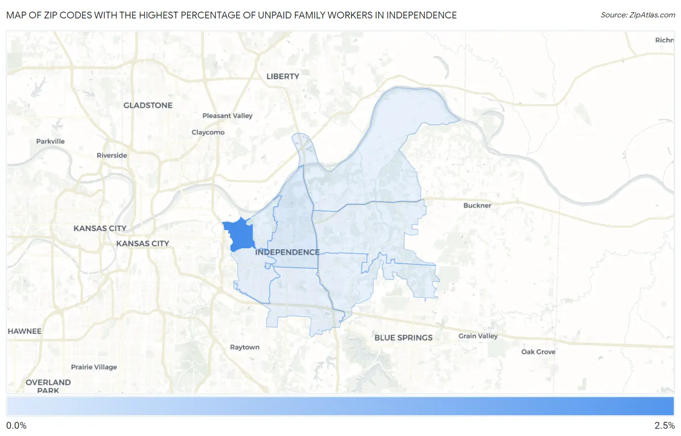 Zip Codes with the Highest Percentage of Unpaid Family Workers in Independence Map