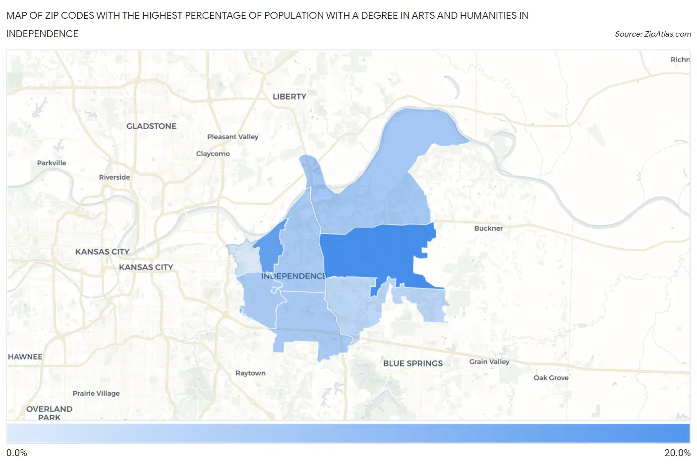 Zip Codes with the Highest Percentage of Population with a Degree in Arts and Humanities in Independence Map