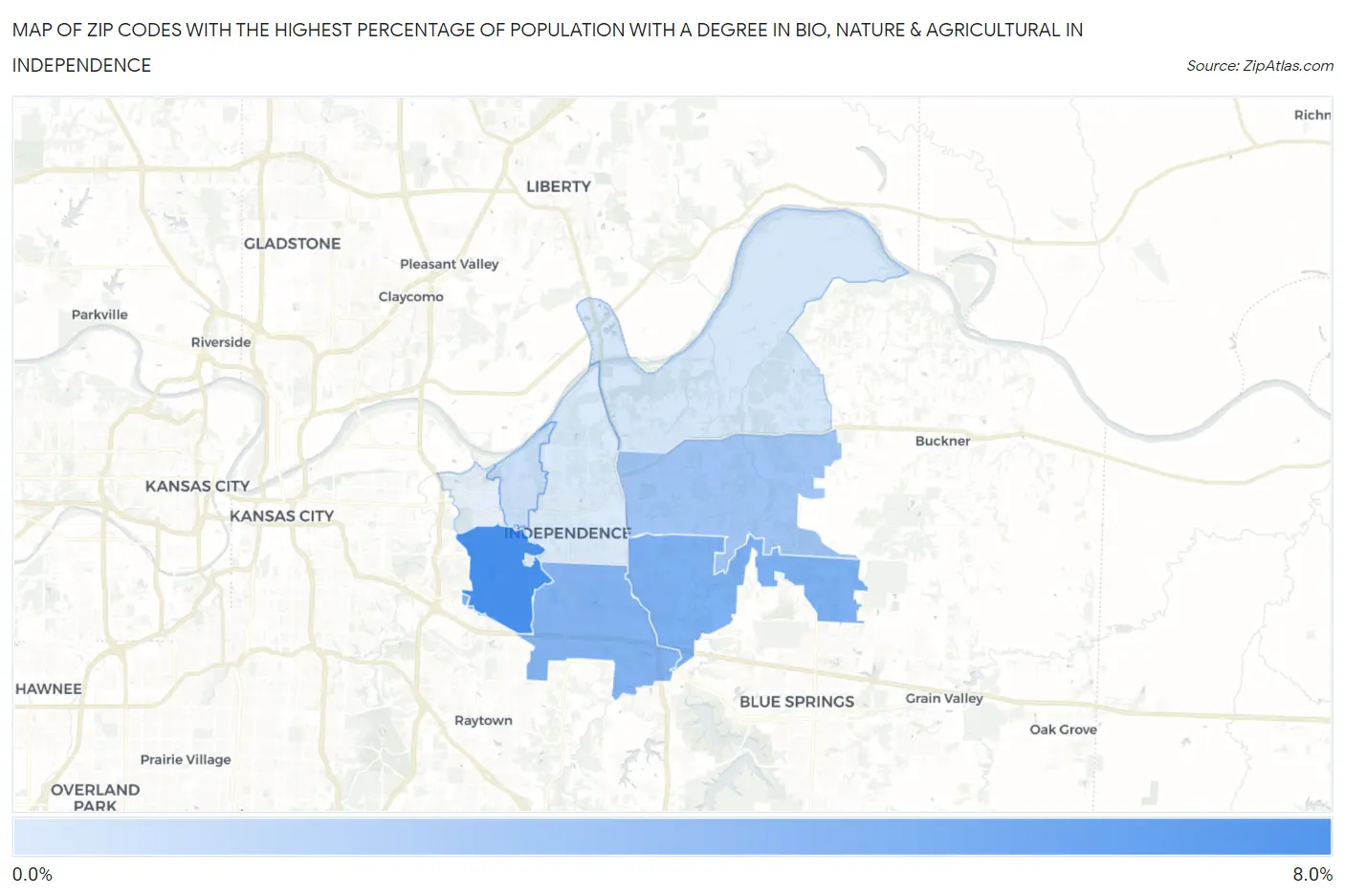 Zip Codes with the Highest Percentage of Population with a Degree in Bio, Nature & Agricultural in Independence Map