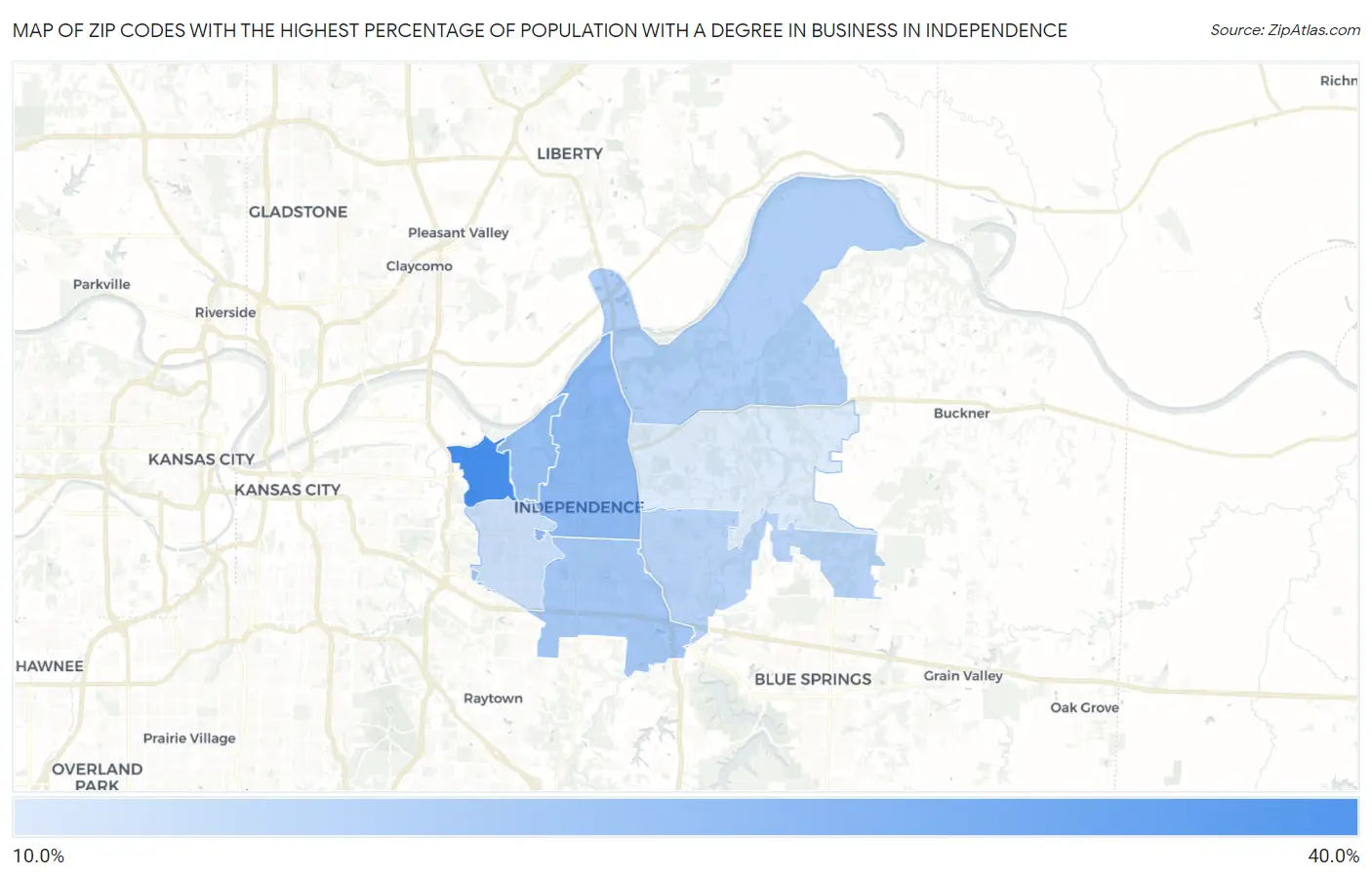 Zip Codes with the Highest Percentage of Population with a Degree in Business in Independence Map