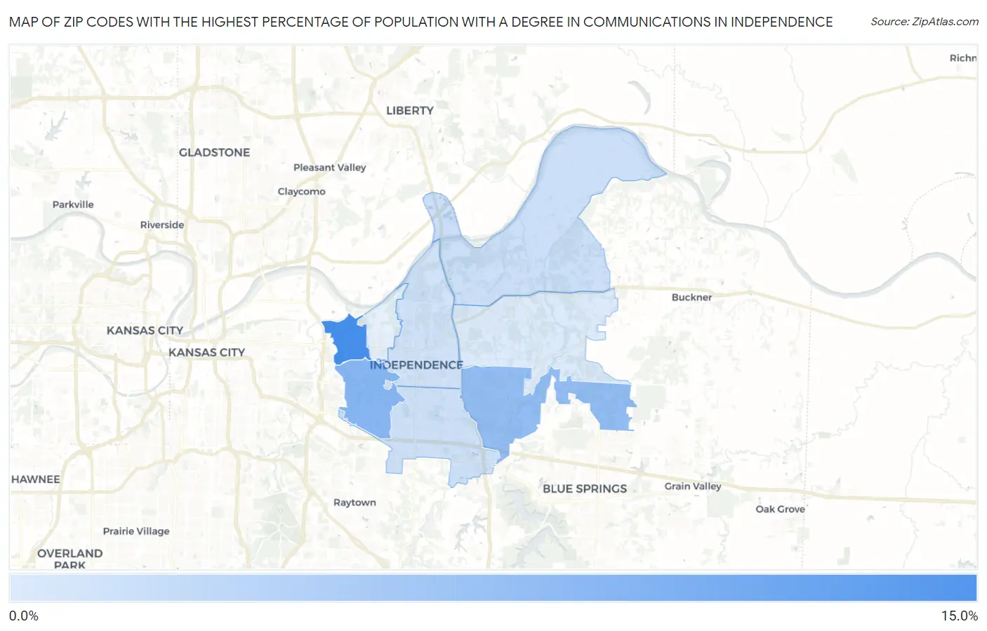 Zip Codes with the Highest Percentage of Population with a Degree in Communications in Independence Map