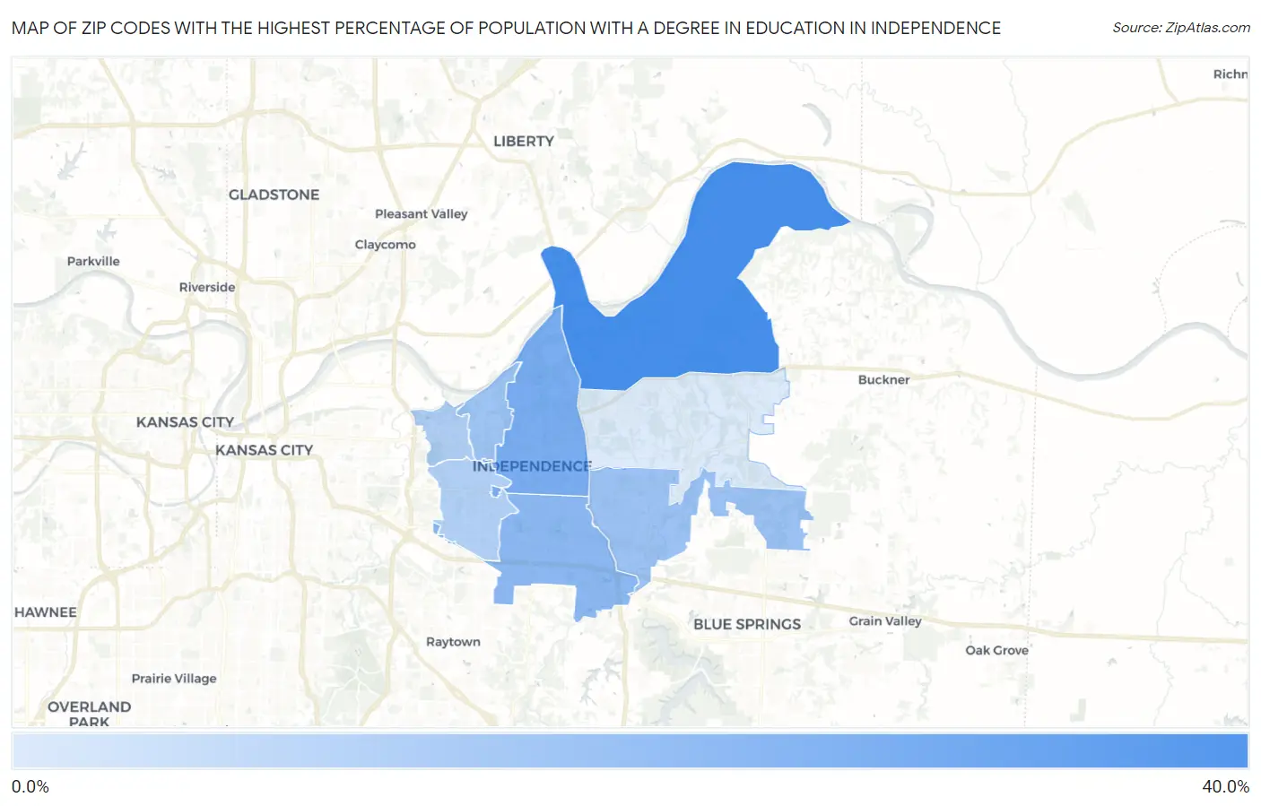 Zip Codes with the Highest Percentage of Population with a Degree in Education in Independence Map