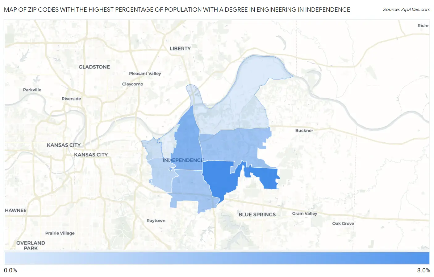 Zip Codes with the Highest Percentage of Population with a Degree in Engineering in Independence Map