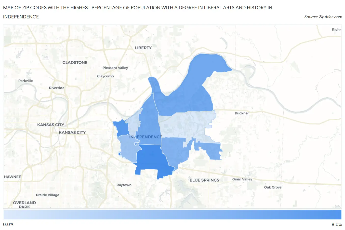 Zip Codes with the Highest Percentage of Population with a Degree in Liberal Arts and History in Independence Map