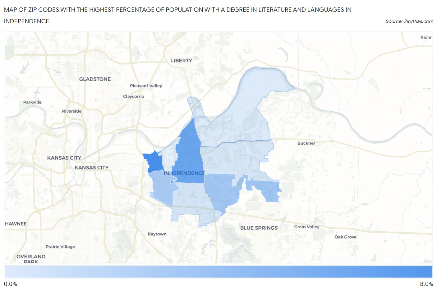 Zip Codes with the Highest Percentage of Population with a Degree in Literature and Languages in Independence Map