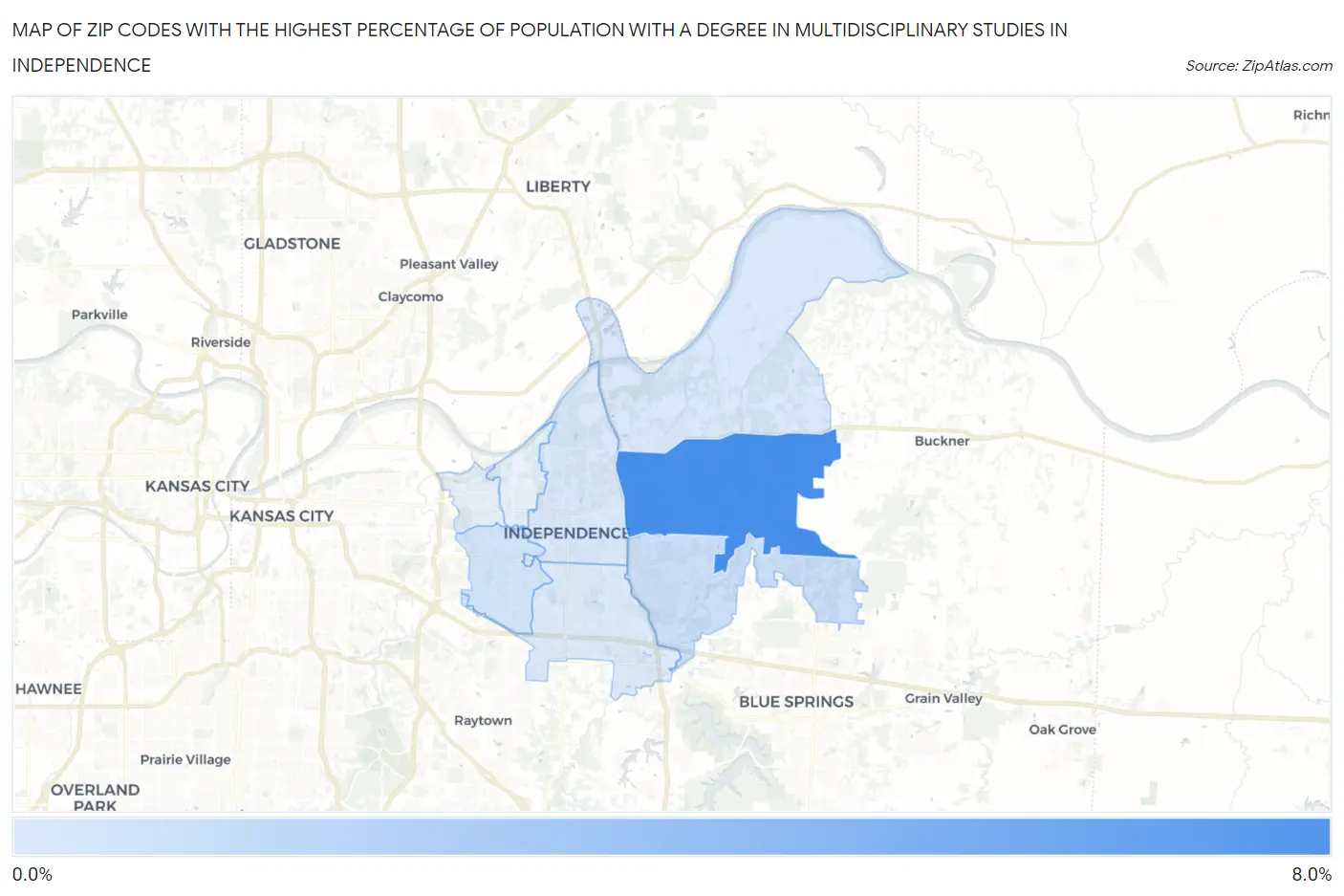 Zip Codes with the Highest Percentage of Population with a Degree in Multidisciplinary Studies in Independence Map