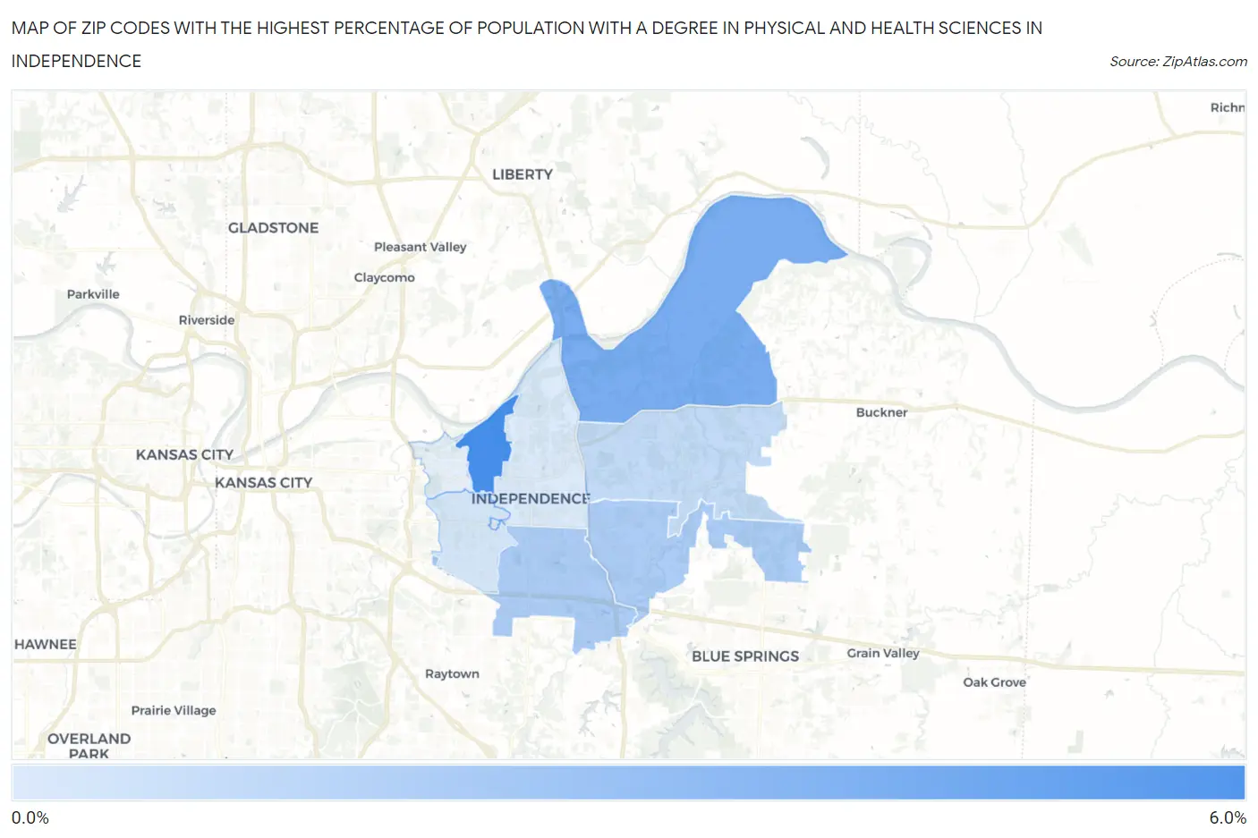 Zip Codes with the Highest Percentage of Population with a Degree in Physical and Health Sciences in Independence Map