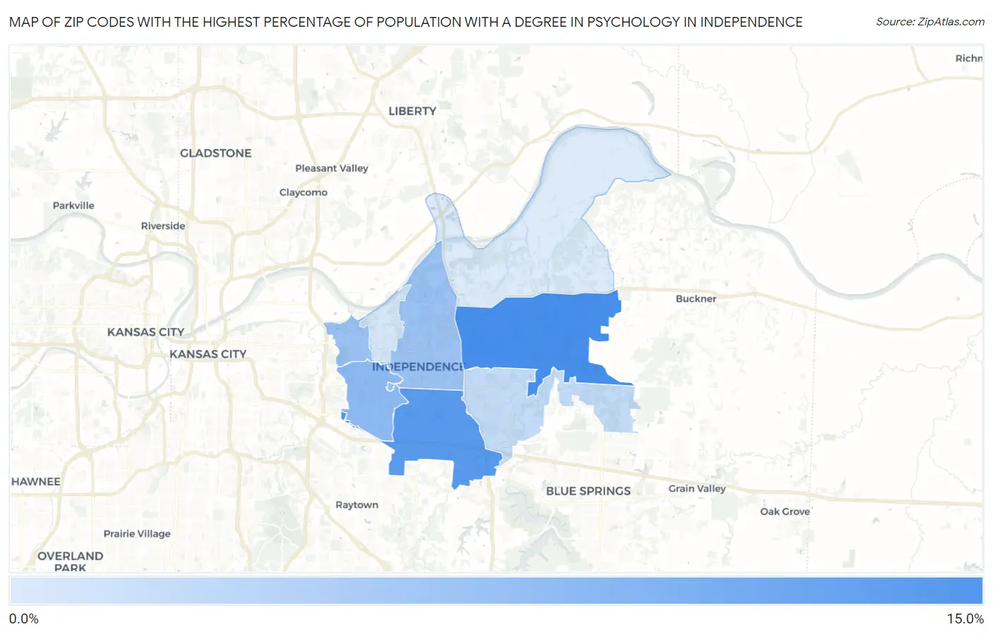 Zip Codes with the Highest Percentage of Population with a Degree in Psychology in Independence Map