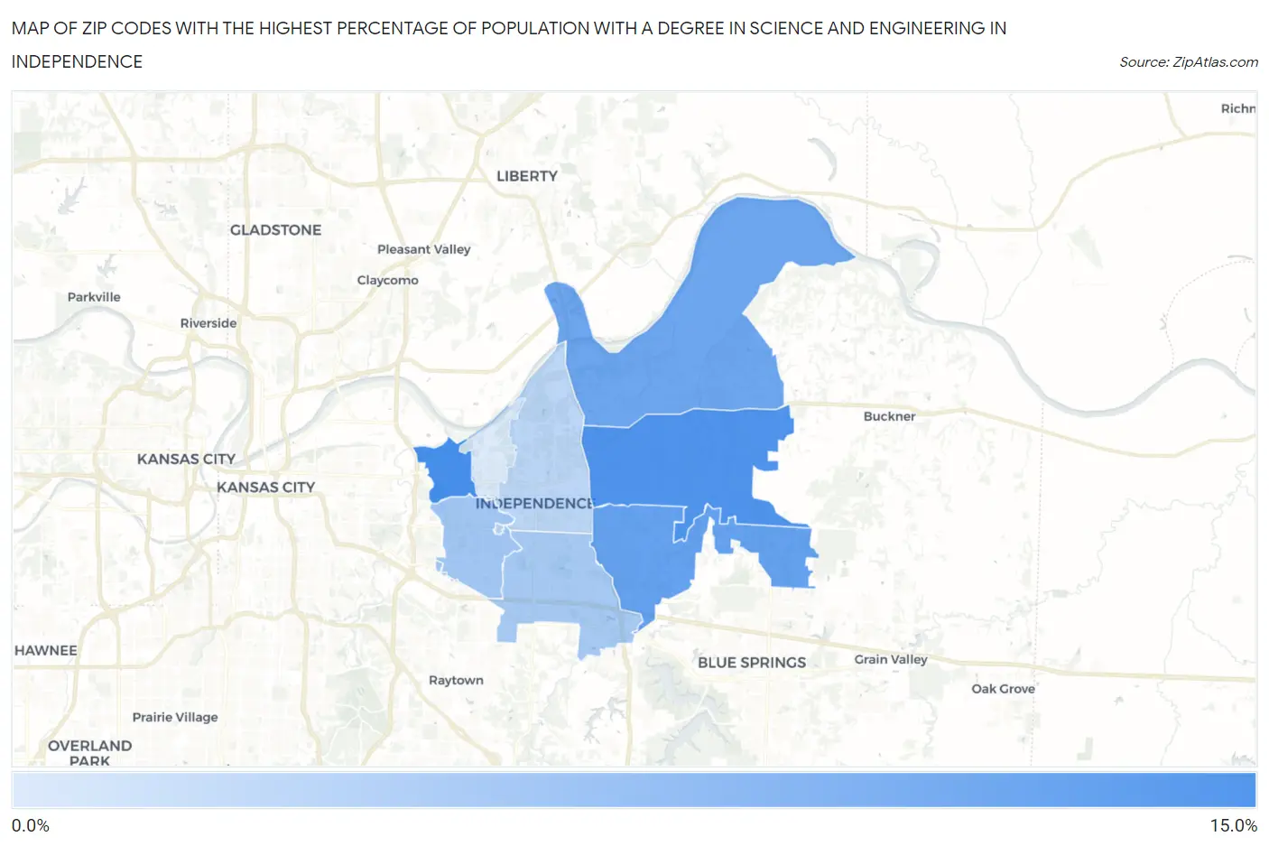 Zip Codes with the Highest Percentage of Population with a Degree in Science and Engineering in Independence Map