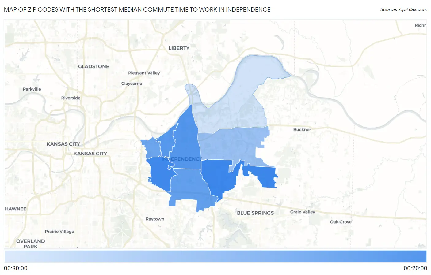Zip Codes with the Shortest Median Commute Time to Work in Independence Map