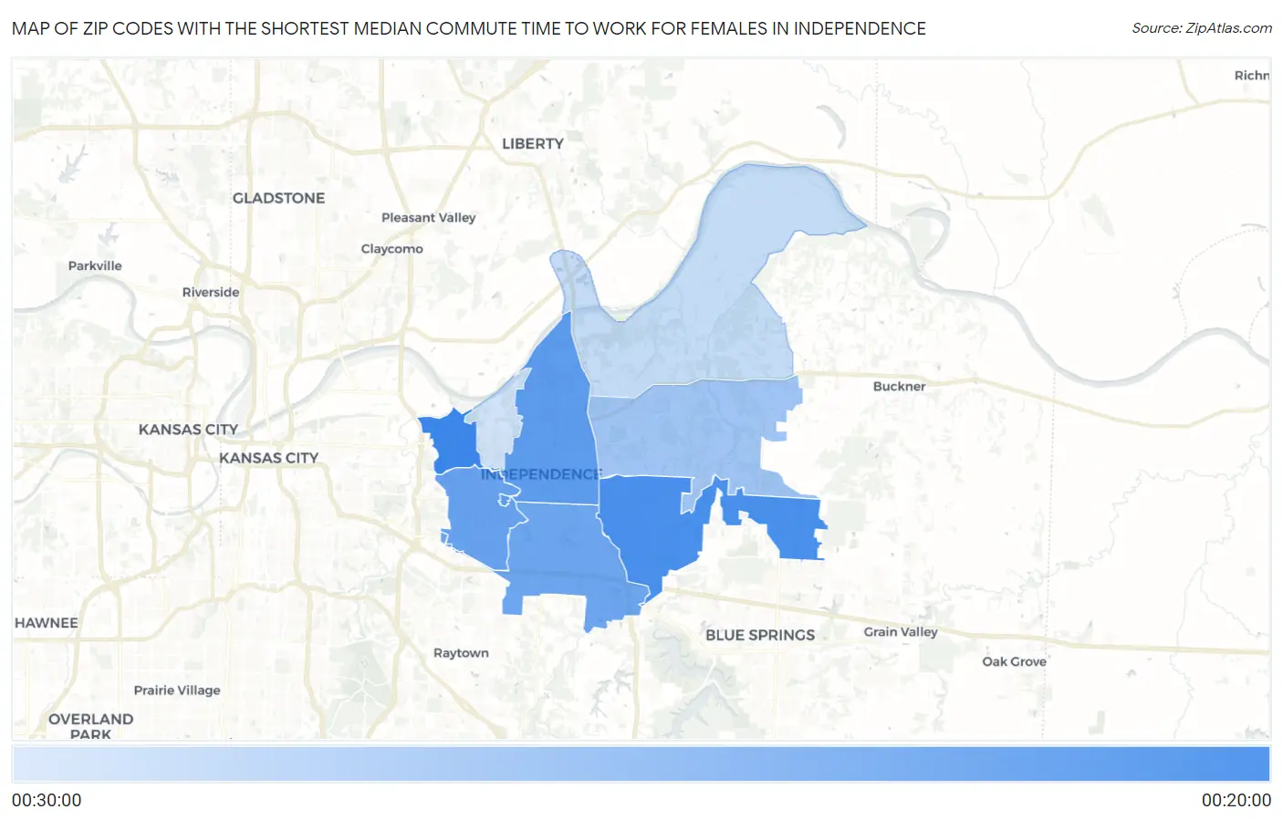 Zip Codes with the Shortest Median Commute Time to Work for Females in Independence Map