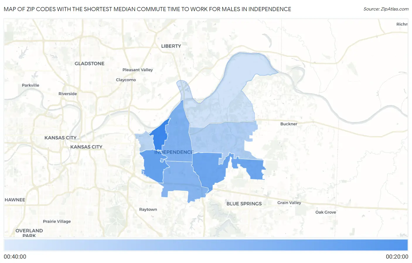 Zip Codes with the Shortest Median Commute Time to Work for Males in Independence Map
