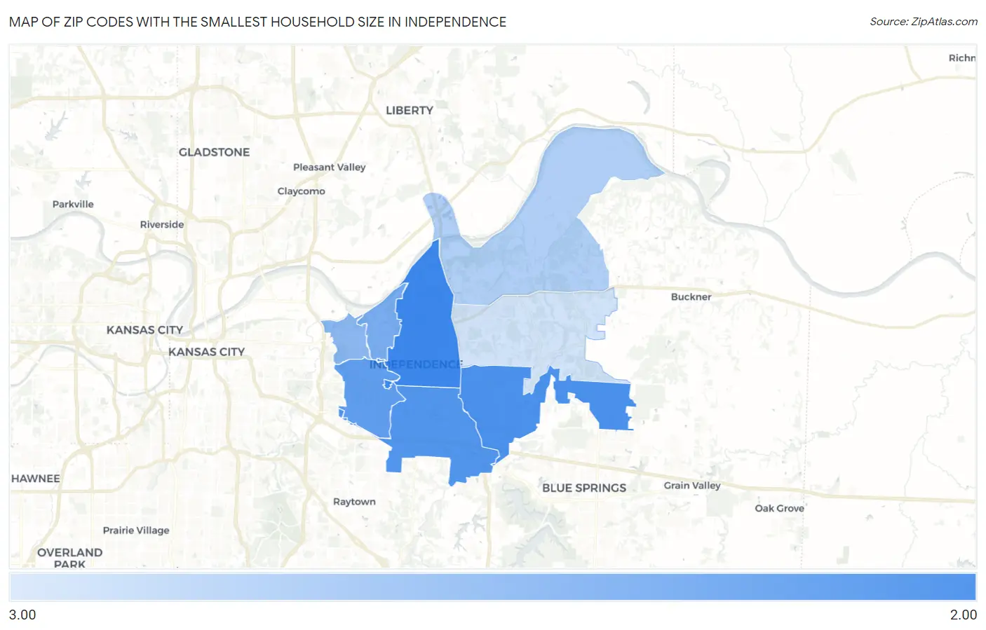Zip Codes with the Smallest Household Size in Independence Map