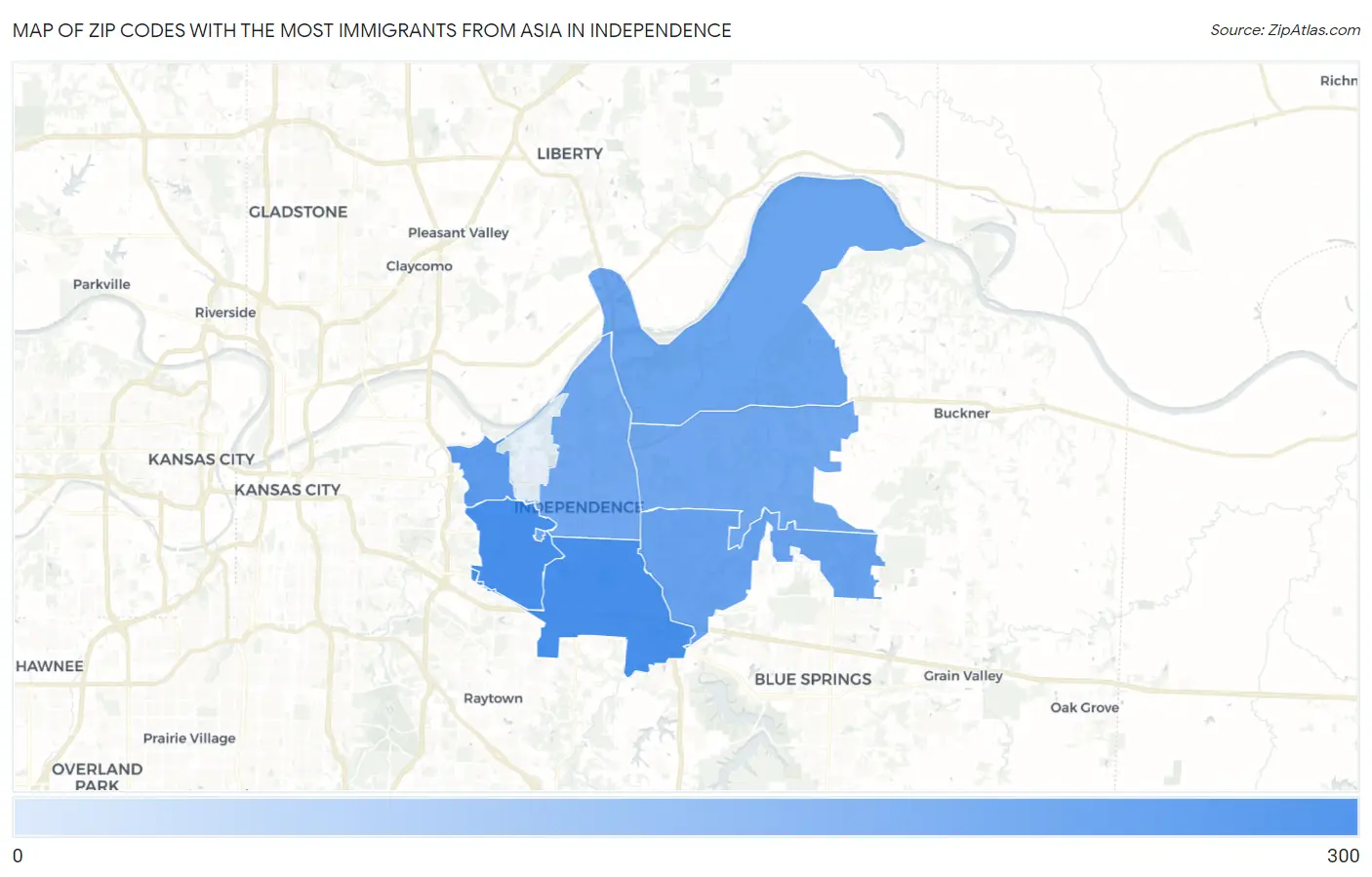 Zip Codes with the Most Immigrants from Asia in Independence Map