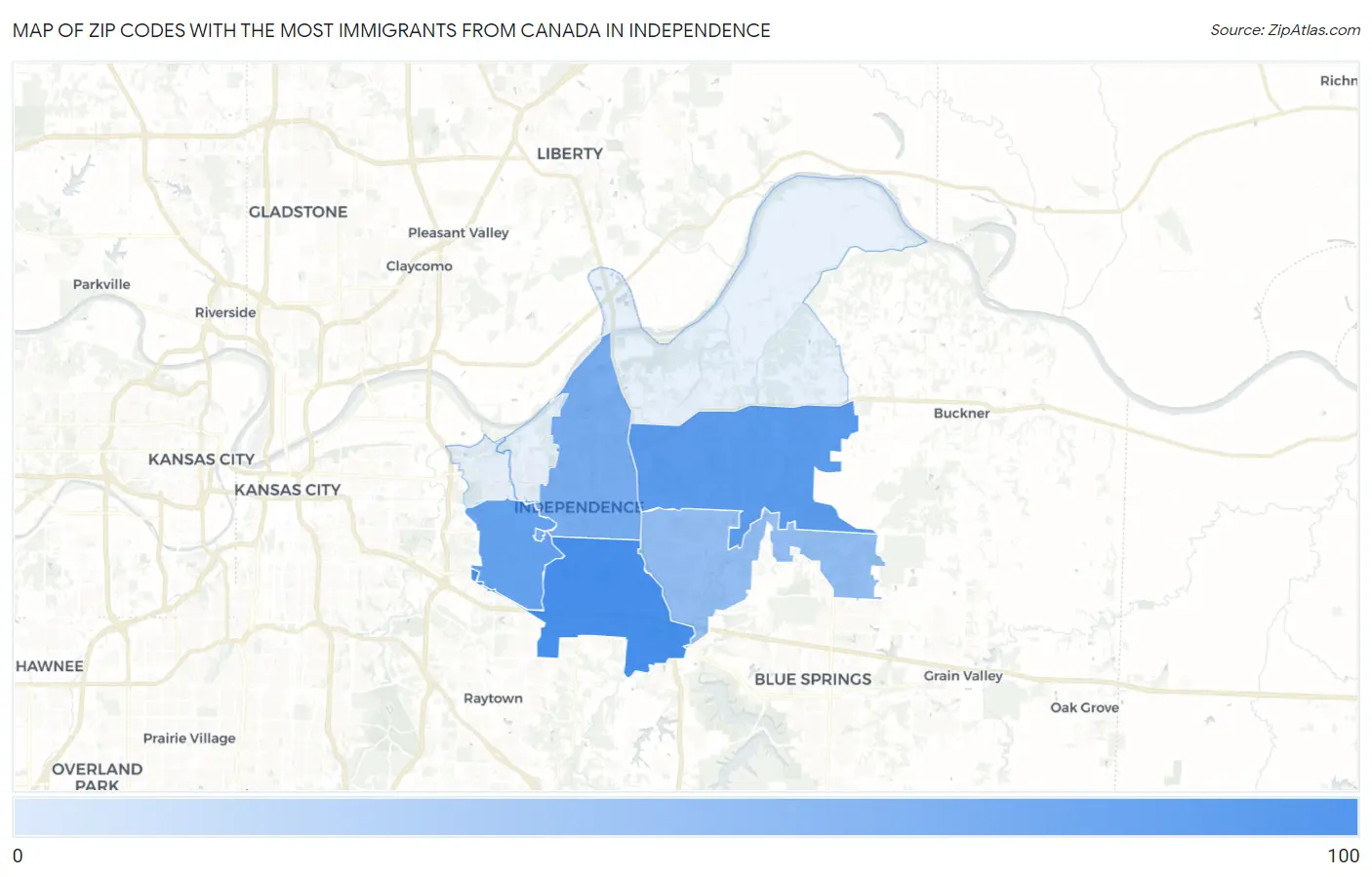Zip Codes with the Most Immigrants from Canada in Independence Map