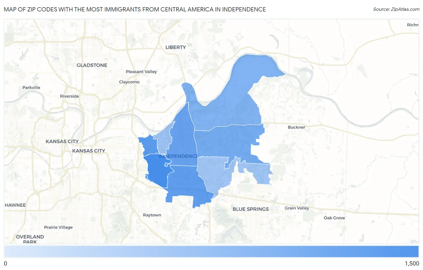 Zip Codes with the Most Immigrants from Central America in Independence Map
