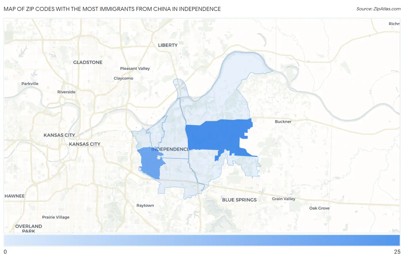 Zip Codes with the Most Immigrants from China in Independence Map