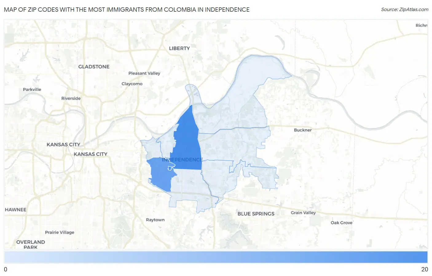Zip Codes with the Most Immigrants from Colombia in Independence Map